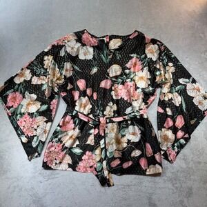 Vintage Shaker Sport Floral Metallic‎ Gold Bell Sleeve Wrap Top Black Pink 38